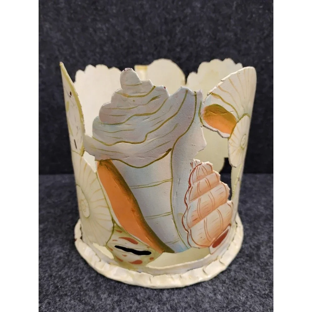 Vintage Coastal Seashell Motif Handmade Metal Candle Holder Artist Signed 5